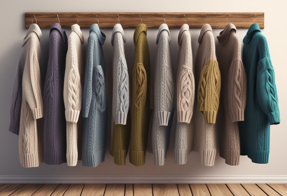 A cozy, chunky knit sweater dress with pockets hangs on a rustic wooden coat rack, surrounded by other similar dresses in various colors and patterns