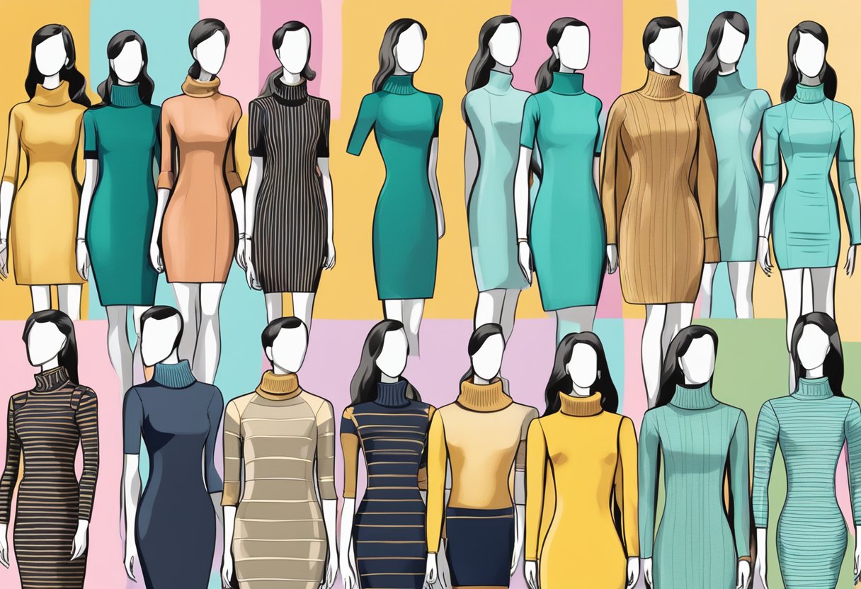 A row of 11 turtleneck bodycon sweater dresses in various colors and patterns displayed on mannequins or hangers