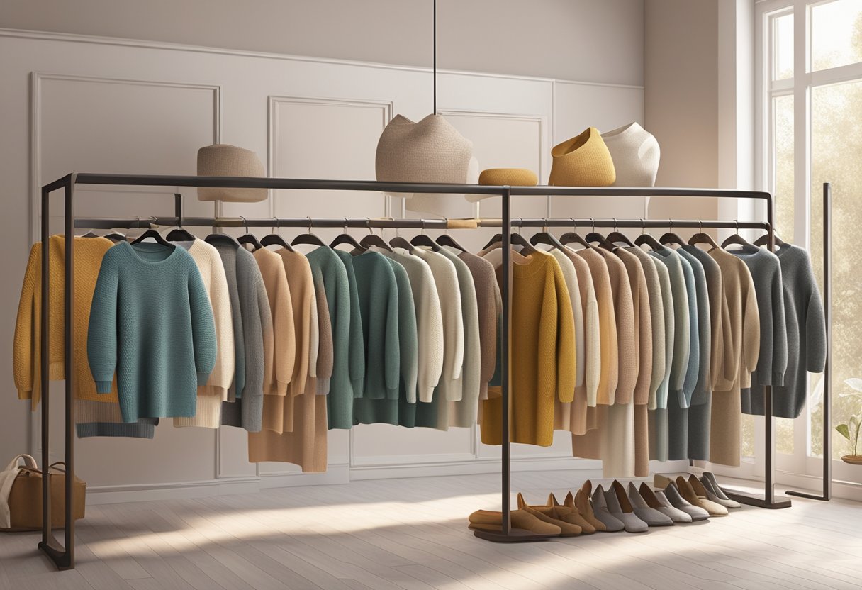 An array of 11 oversized knit sweater dresses displayed on hangers in a cozy, well-lit boutique setting