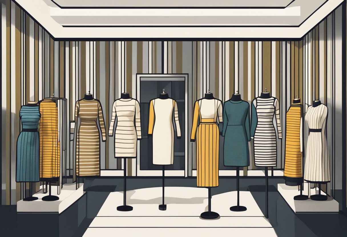 A row of mannequins display various midi sweater dresses with stripes pattern in a well-lit boutique window