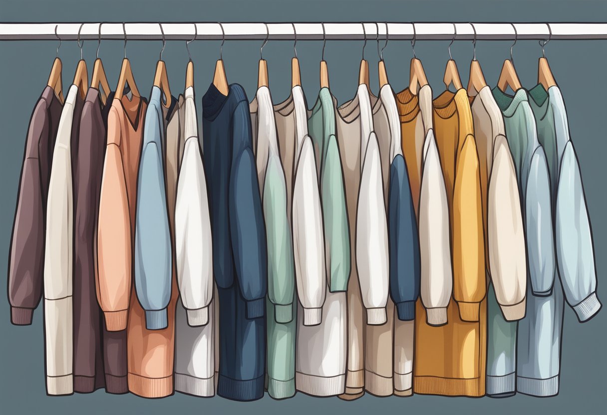 A row of 11 V-neck sweater dresses hanging on a clothing rack