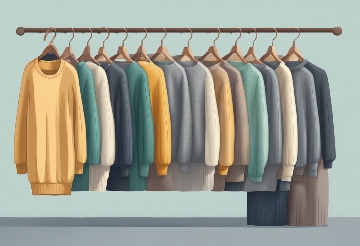 A cozy sweater dress collection displayed on hangers