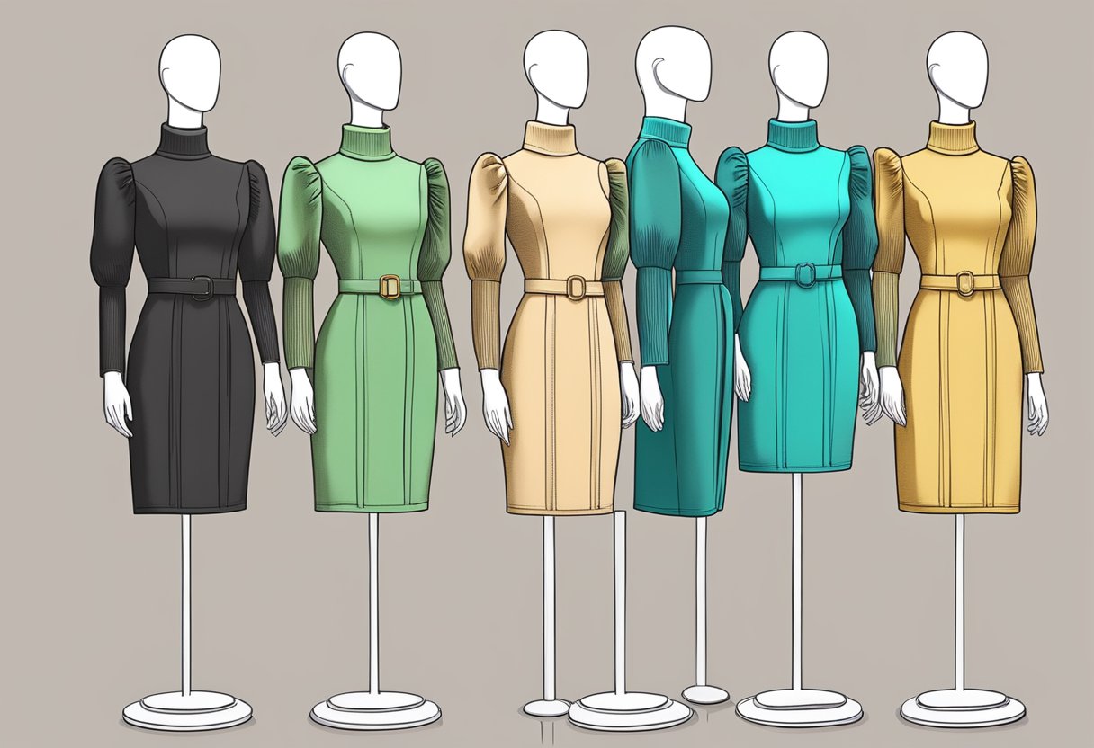 A row of 11 mock neck puff sleeve sweater dresses displayed on mannequins