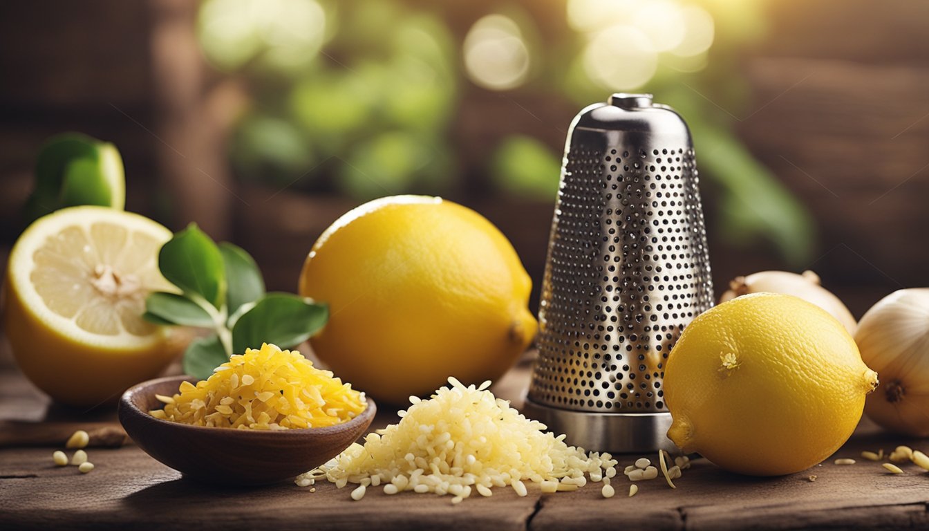 Sunlight highlights cloves, lemons, and onion layers on a rustic wooden board. Nearby, a vintage grater and mortar and pestle rest