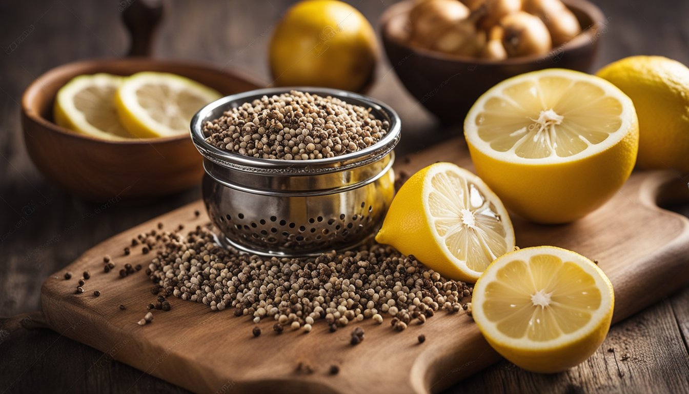 Sunlit wooden board with cloves, lemon slices, and onion layers. Vintage grater and mortar nearby