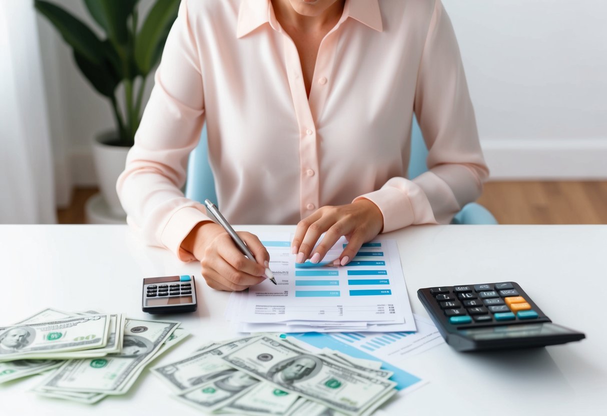 A person sitting at a desk, surrounded by bills and a calculator, with a determined expression while creating a budget plan