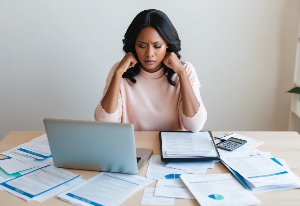 A person sitting at a desk, surrounded by bills and financial documents. They are visibly stressed but determined, with a laptop open and a determined expression on their face