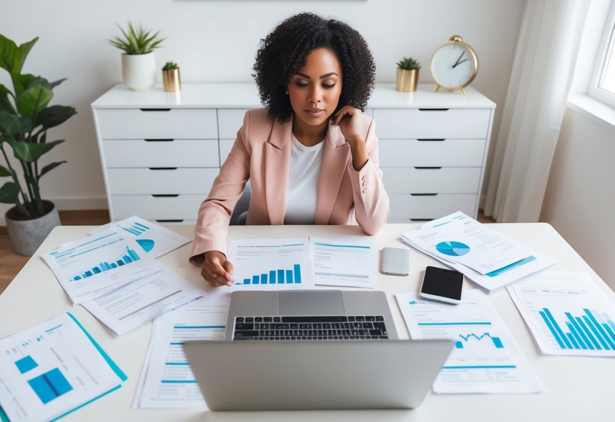 A person sitting at a desk surrounded by financial documents and a laptop, looking determined and focused despite setbacks