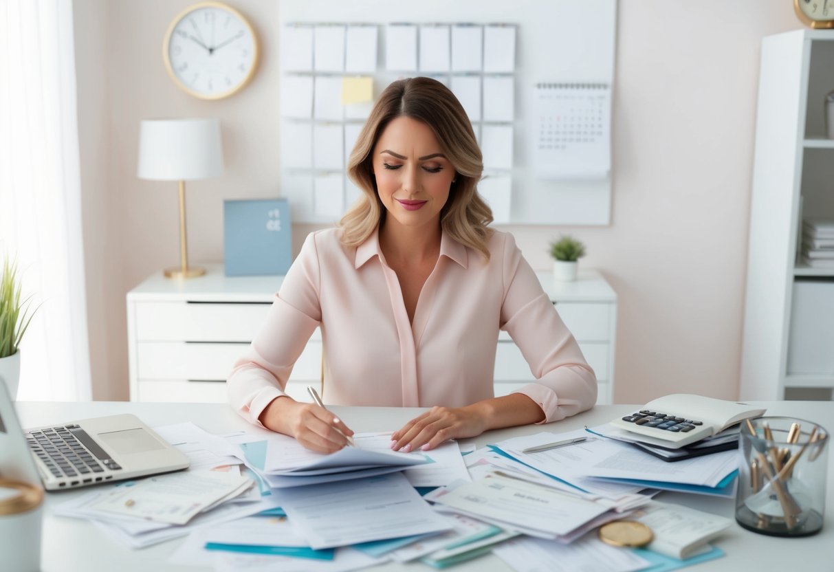 A cluttered desk with scattered bills and a calendar, a clock ticking in the background, while a person sits with a determined expression, sorting through papers and making financial plans