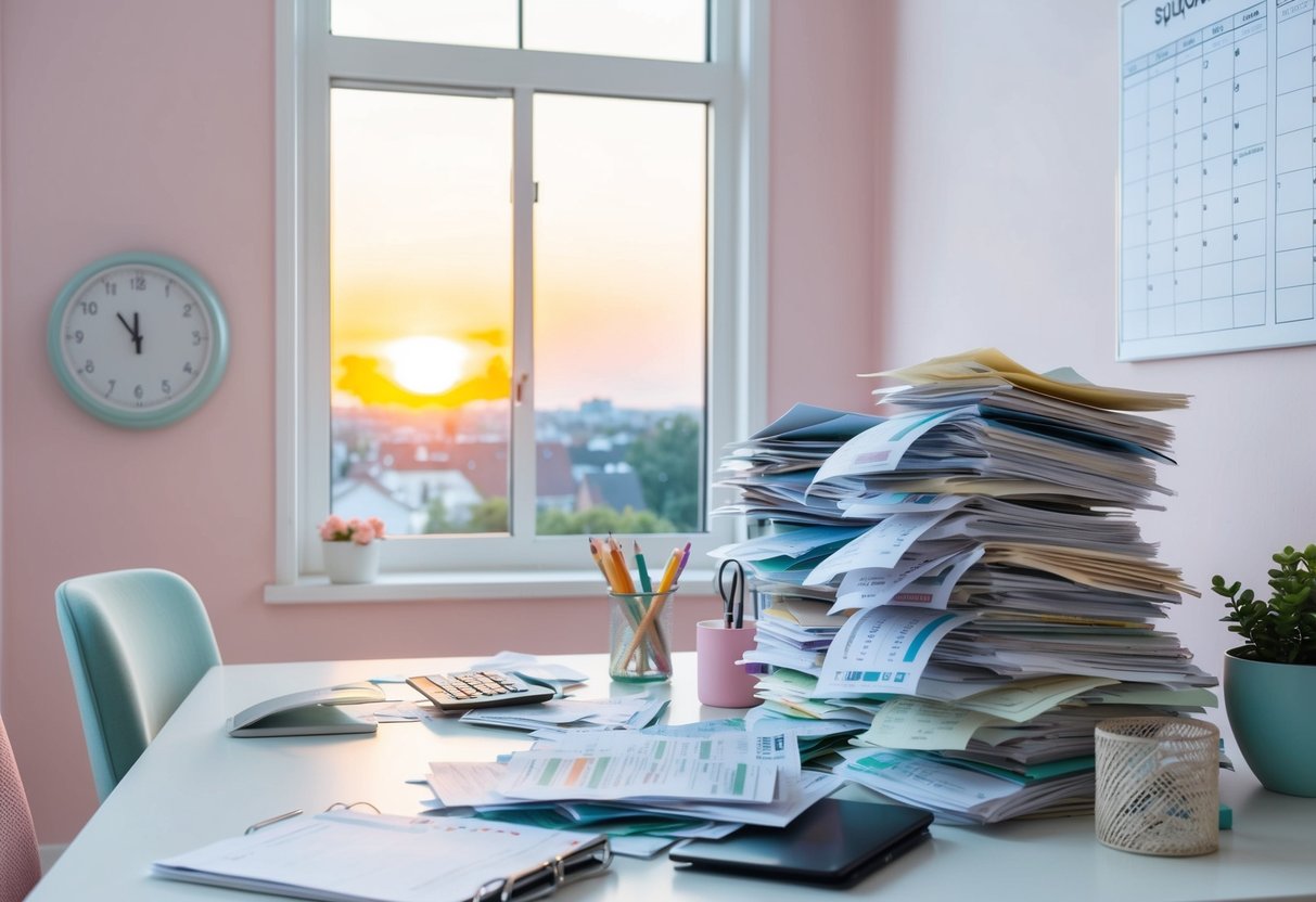 A cluttered desk with bills piled high and a calendar showing overdue deadlines. A clock on the wall ticks away as the sun sets outside the window