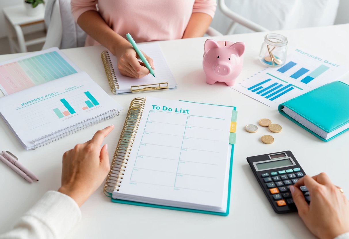 A desk with a planner, calculator, and budgeting book. A person crossing off tasks on a to-do list. A piggy bank and financial chart in the background