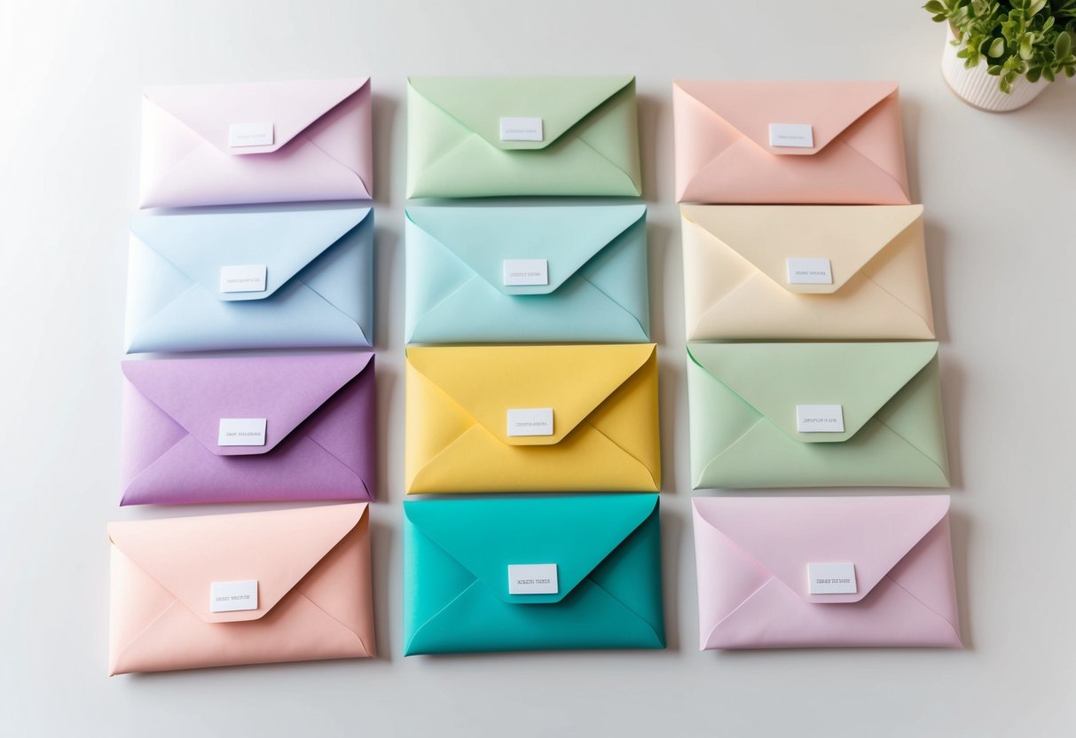 A colorful set of cash envelopes arranged neatly on a table, with each envelope labeled for different budget categories