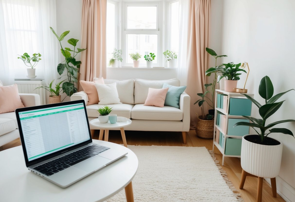 A cozy living room with simple furniture, houseplants, and natural light streaming in through open curtains. A shelf of budgeting books sits next to a laptop displaying a spreadsheet