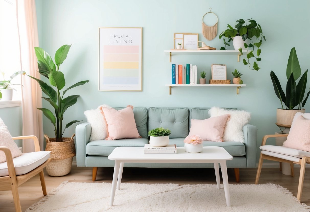 A cozy living room with DIY decor, potted plants, and thrifted furniture. A shelf holds frugal living books and a budget planner