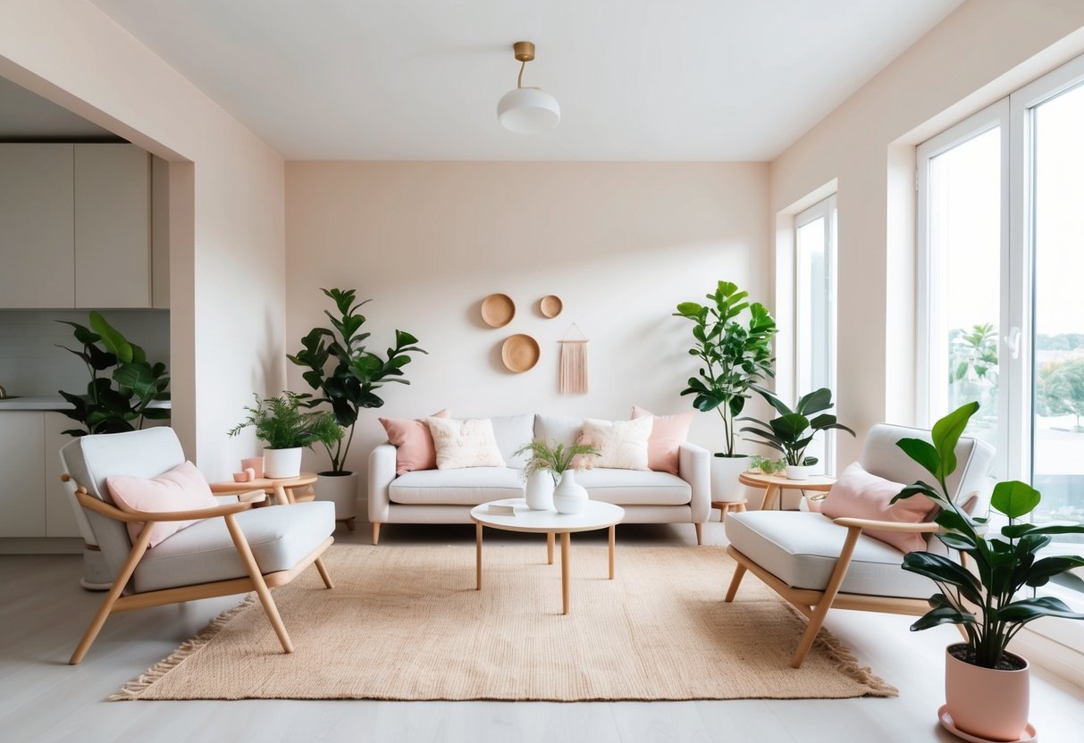 A cozy living room with minimalistic furniture and decor, surrounded by potted plants and natural light streaming in from large windows