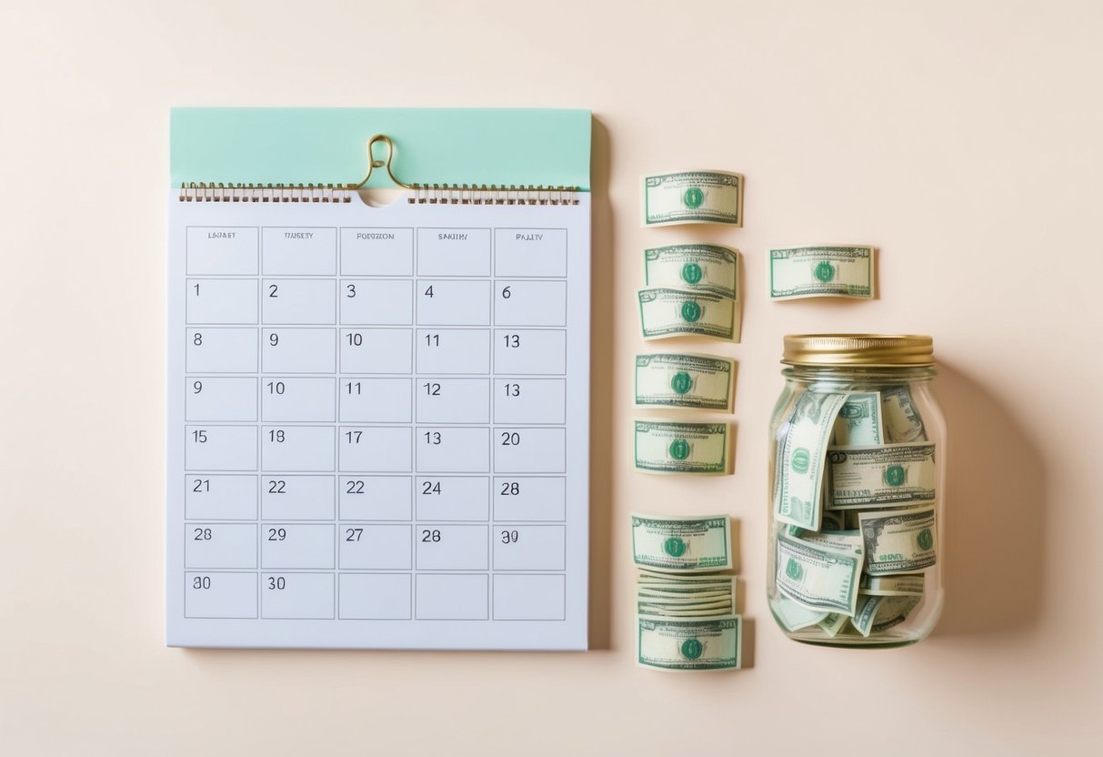 A calendar with 30 boxes, each representing a day, and a jar filled with money gradually increasing in value