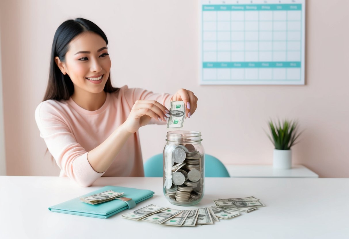 A person setting aside money in a jar each day, with a calendar on the wall tracking progress