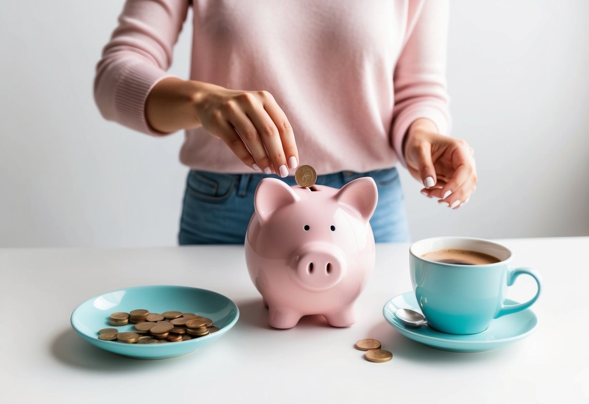 A person happily stashing away coins in a piggy bank while making a cup of coffee in the morning