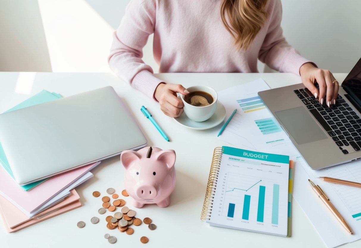 A cluttered desk with a laptop, notebook, and scattered papers. A piggy bank sits nearby, overflowing with coins. A person sips coffee while looking at a budget planner