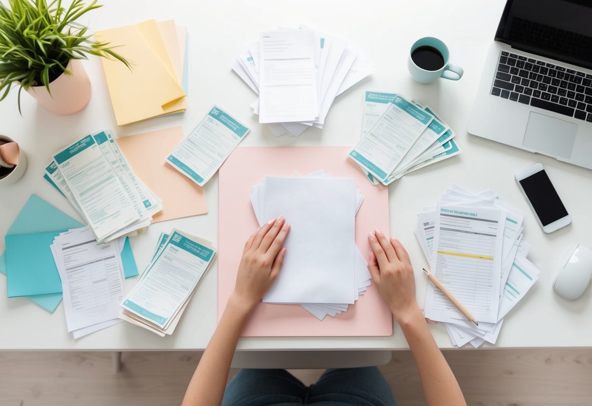 A cluttered desk with scattered bills and a confused expression. A clear path emerges as papers are organized and a sense of calm replaces the chaos