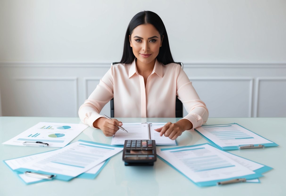 A person sitting at a desk surrounded by financial documents and a calculator, with a determined expression on their face
