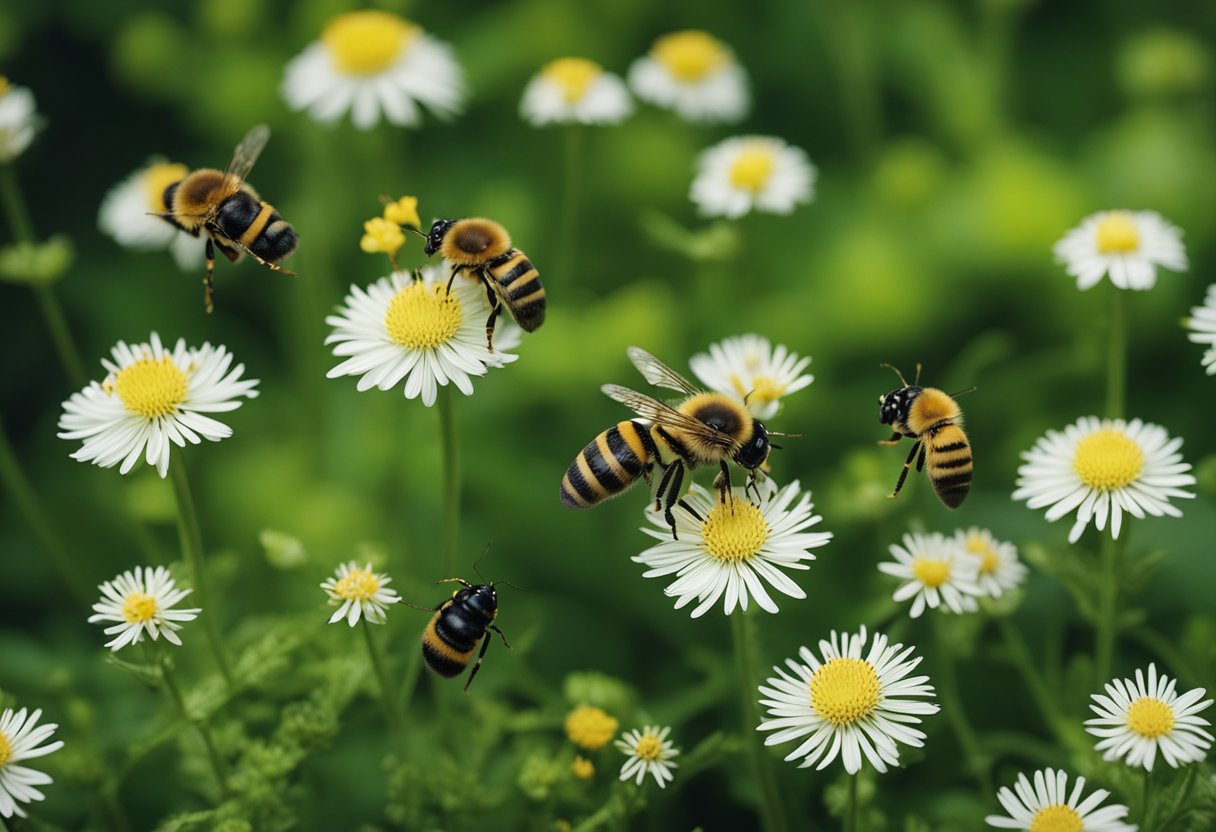 Et mangfold av insekter i en frodig norsk skog, inkludert bier, sommerfugler og biller, som samhandler med ulike planter og blomster.