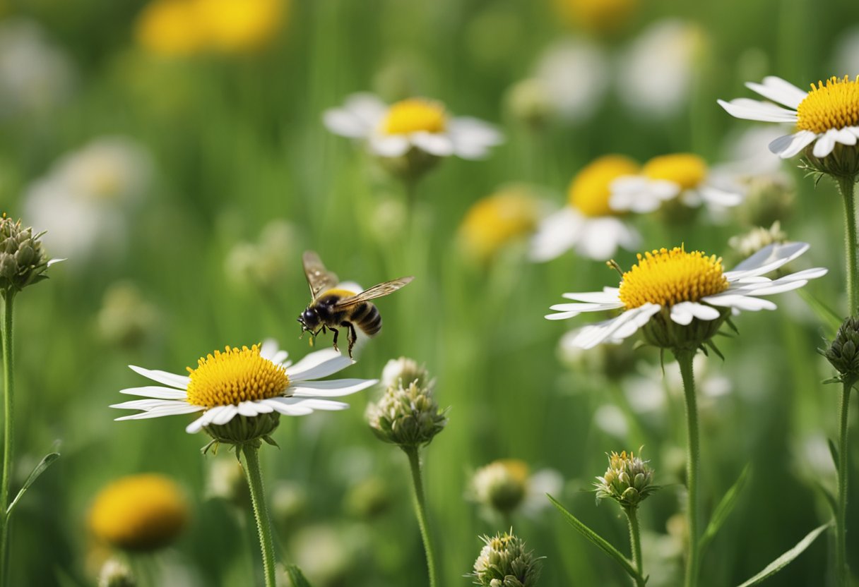 En travel eng med bier som pollinerer blomster, maur som bærer mat, og sommerfugler som flakser blant gresset. Et mangfold av insekter bidrar til det økonomiske og kulturelle landskapet.