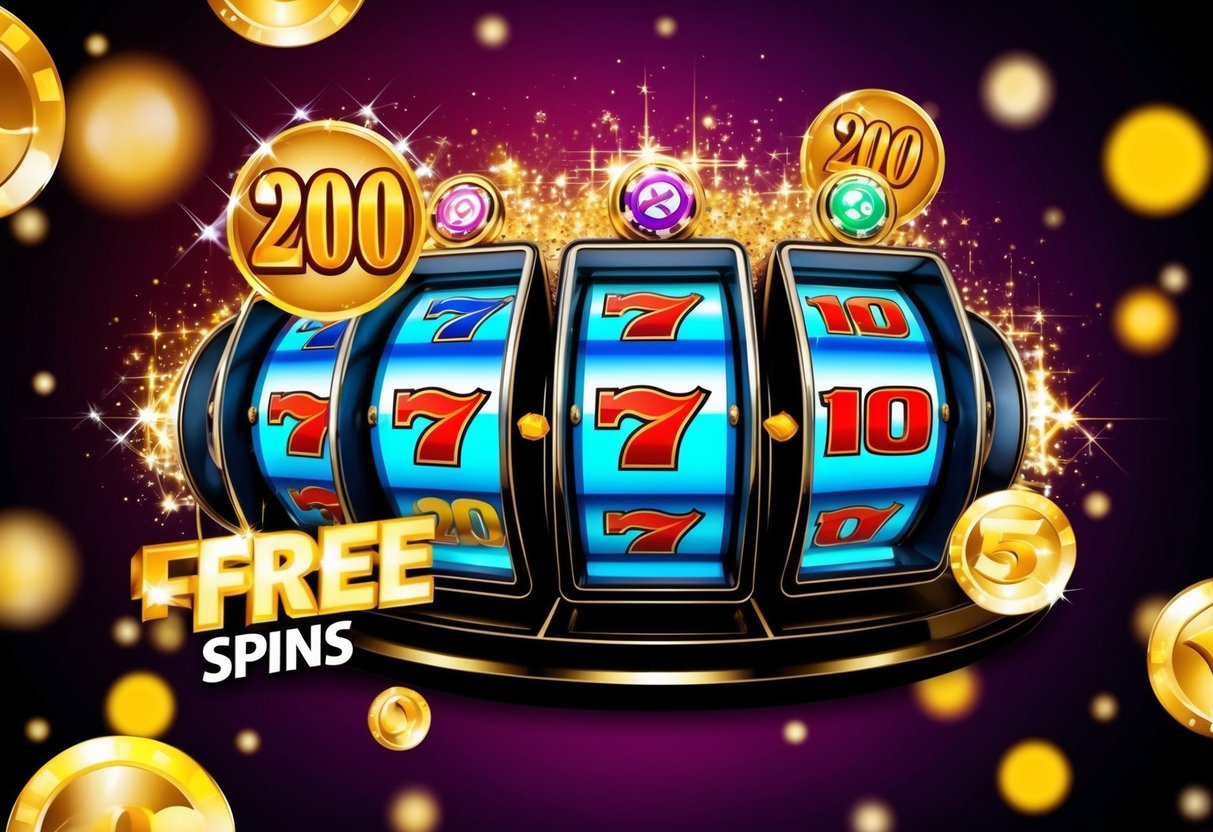 A colorful casino-themed background with slot machines and spinning reels, surrounded by sparkling graphics and icons representing 200 free spins