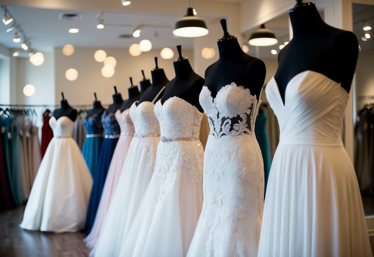 A row of elegant wedding dresses displayed on mannequins in a boutique showroom