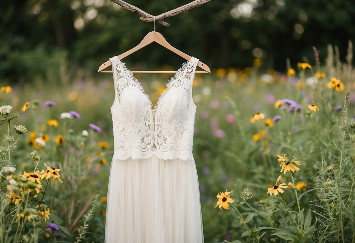 A bohemian lace wedding gown hanging on a rustic wooden hanger, surrounded by wildflowers and greenery