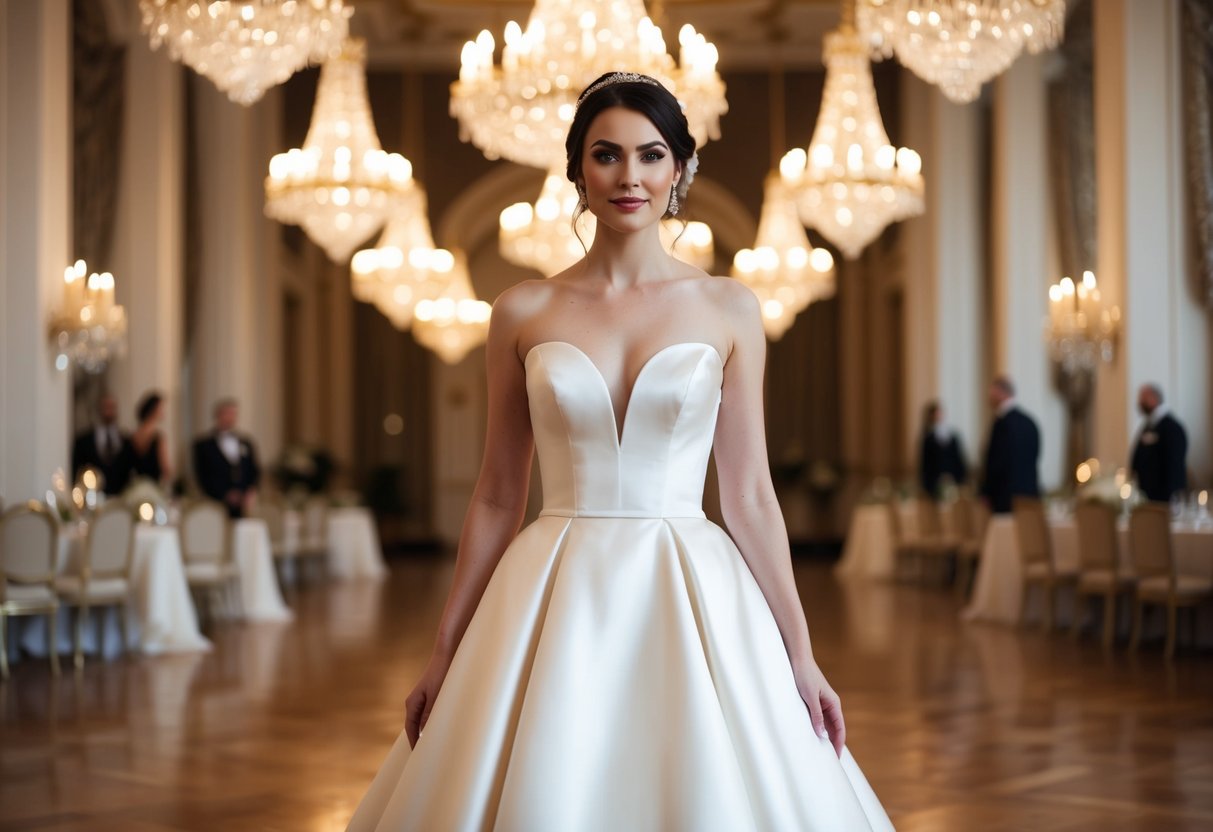 A bride stands in a grand ballroom, wearing an elegant A-line satin bridal dress, surrounded by opulent chandeliers and luxurious decor