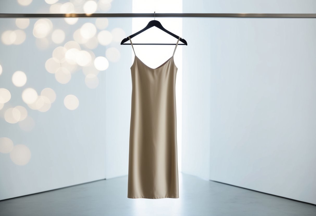 A simple, elegant silk slip dress hanging on a sleek modern hanger against a clean, white background