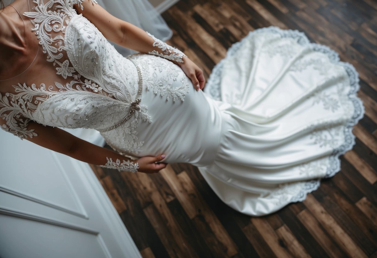 A mermaid-style wedding dress with a long train flowing behind, adorned with intricate lace and shimmering details