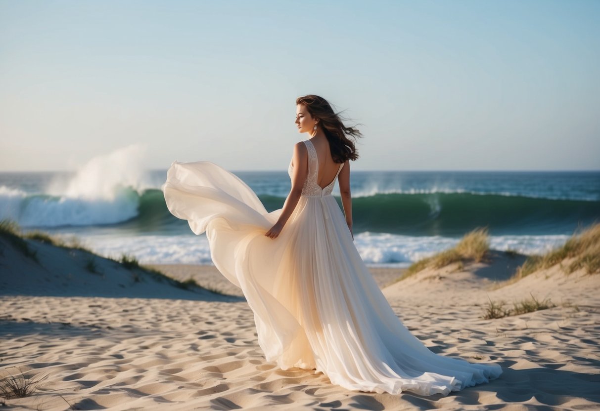 A flowing chiffon gown billows in the ocean breeze, surrounded by sandy dunes and crashing waves