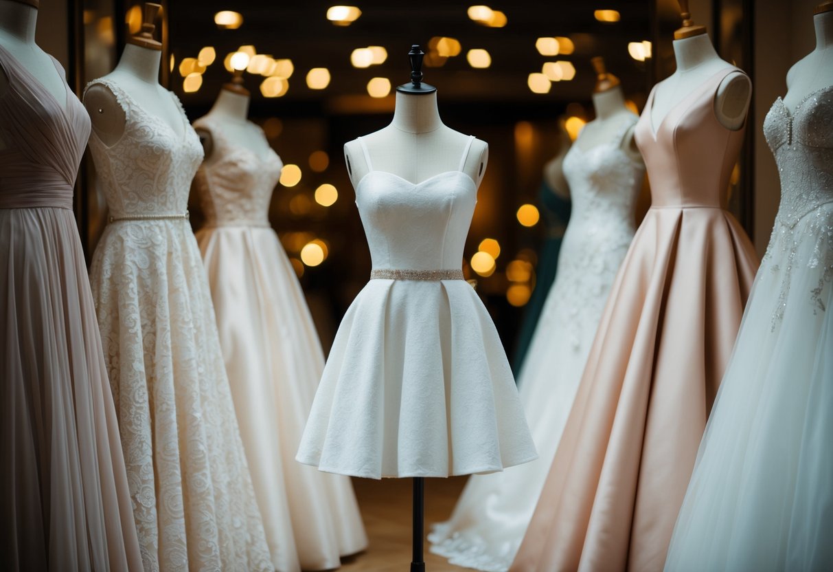 A mannequin wearing a short and sweet minidress surrounded by 13 different wedding dress designs