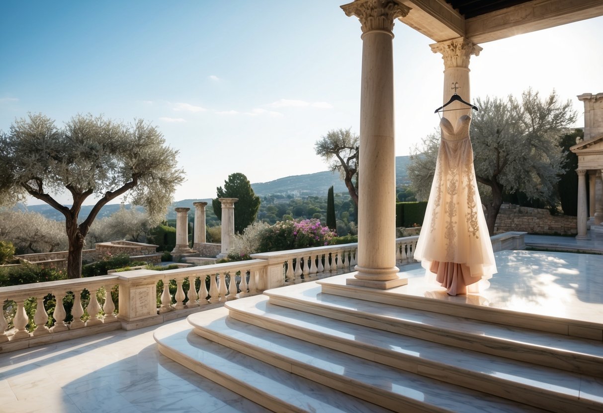 A grand marble staircase leads to a sunlit terrace, where a Grecian-inspired gown hangs from a stone column, surrounded by blooming olive trees and ancient ruins