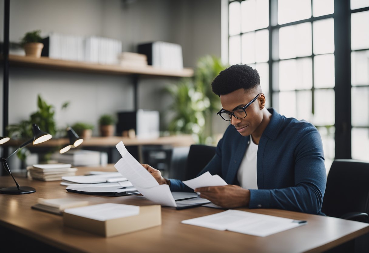 A small business owner reviewing various insurance policies and documents at a desk in a well-lit office space