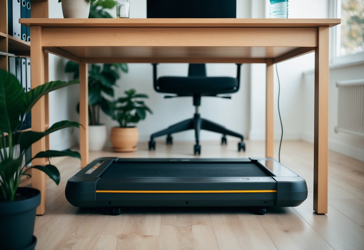 A compact treadmill sits under a desk in a cozy home office, surrounded by a potted plant and a water bottle