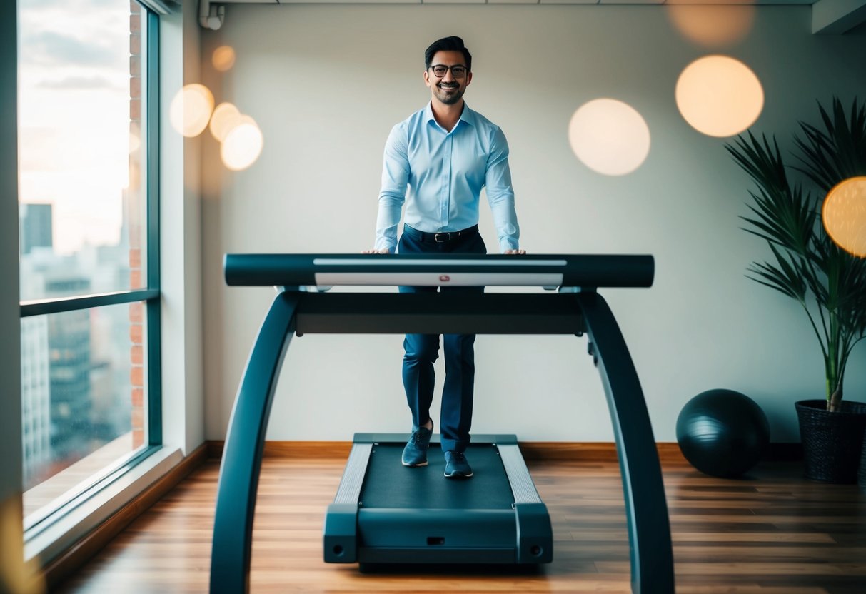 An office with a standing desk and a treadmill underneath