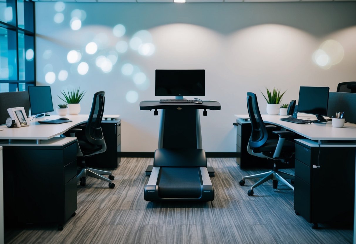 A sleek, modern office setup with a Lifespan Treadmill Desk seamlessly integrated into the workspace, surrounded by ergonomic office furniture