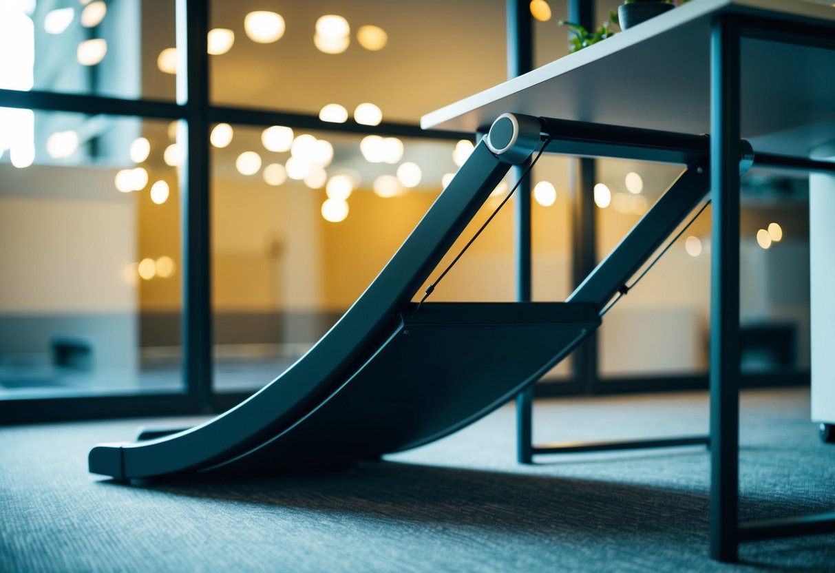 A sleek, compact treadmill tucked neatly under a desk, ready for a quick workout session