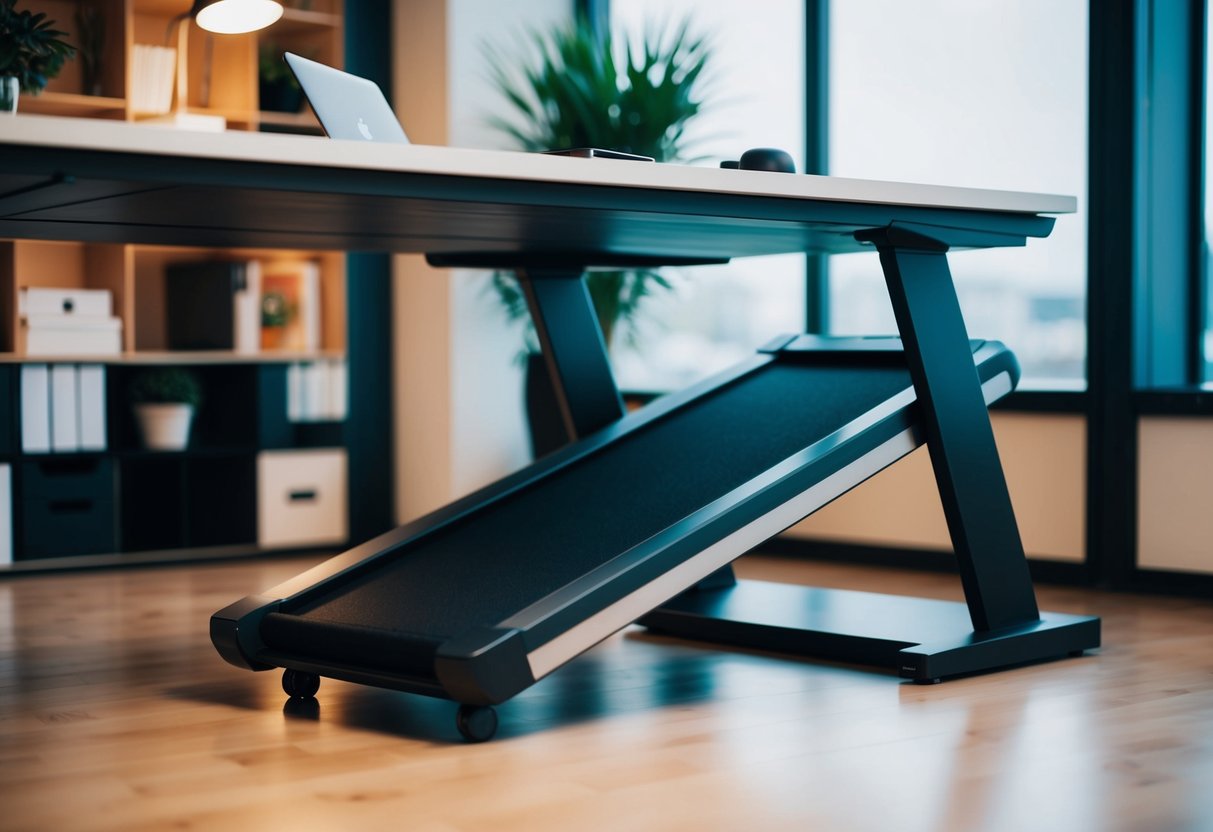 An under desk treadmill from Amazon sits on a sleek, modern desk