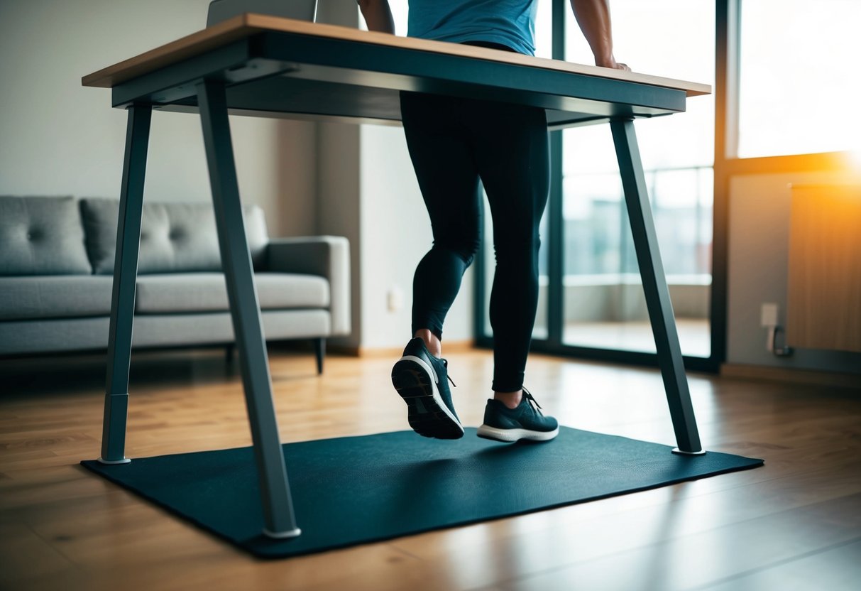 A person is walking on a treadmill pad under a desk