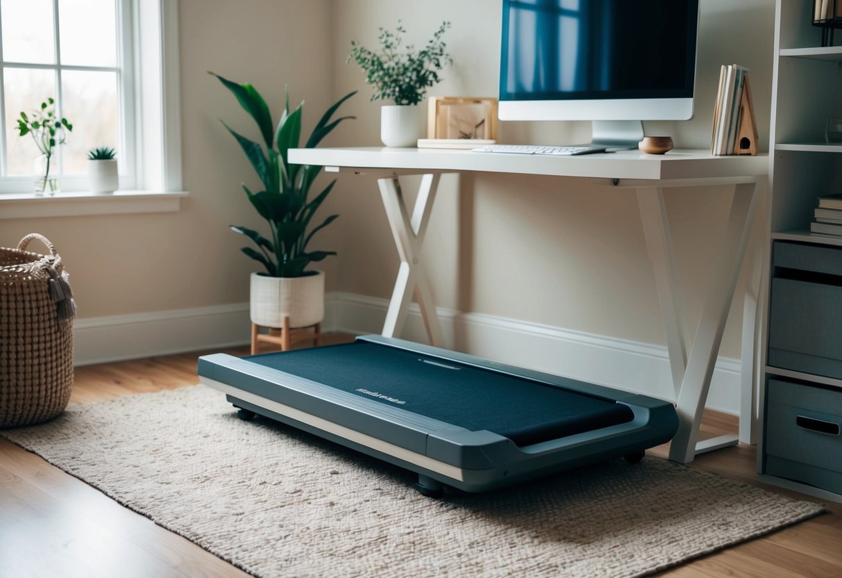 A compact under-desk treadmill nestled in a cozy home office, surrounded by minimalistic decor and natural light filtering in through a window