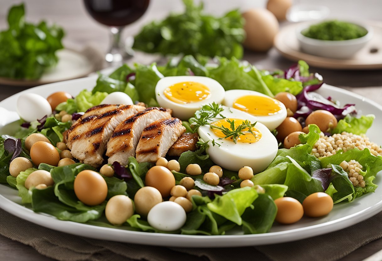 Uma colorida variedade de ingredientes para salada, incluindo frango grelhado, ovos cozidos, quinoa, grão-de-bico e folhas verdes mistas, dispostos em uma grande travessa.