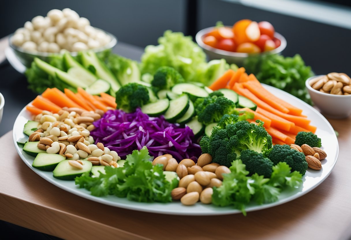 Uma variedade colorida de vegetais frescos, nozes e proteínas magras dispostas em um prato, destacando a importância das proteínas em saladas de refeição.