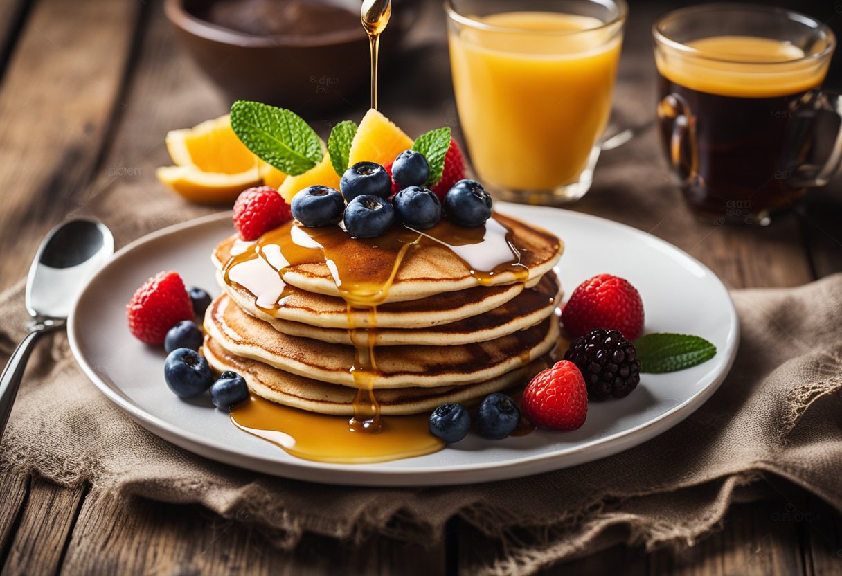 Um prato de panquecas fit sem glúten com frutas frescas e um fio de mel, ao lado de uma xícara de café em uma mesa rústica de madeira.