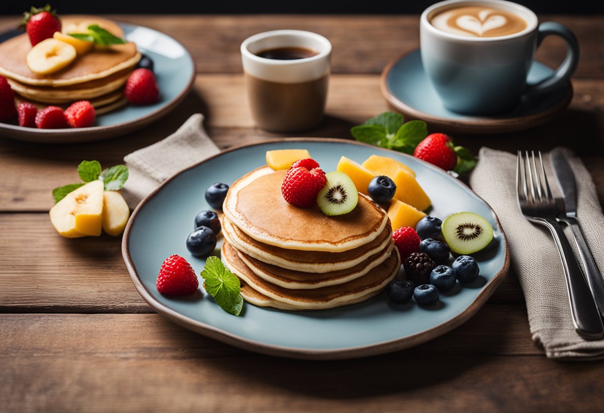 Um prato de panquecas fit sem glúten com coberturas de frutas frescas, ao lado de uma xícara de café em uma mesa de madeira