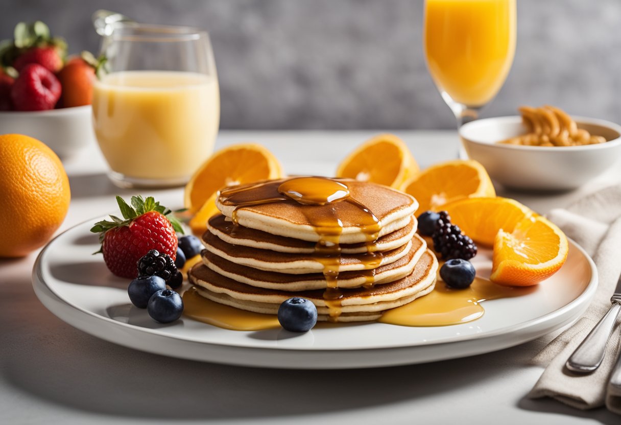 Uma pilha de panquecas fit sem glúten com frutas frescas e um fio de mel em um prato, acompanhada de um copo de suco de laranja.