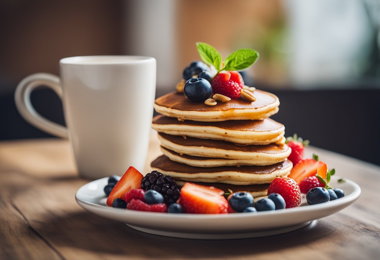 Uma pilha de panquecas fit sem glúten com coberturas de frutas frescas em um prato, ao lado de uma xícara de café